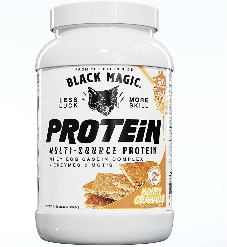 Black Magic Multi-Source Whey Protein Powder - Whey, Egg, Casein Complex with Enzymes & MCT's Keto, Low Sugar Pre/Post Workout Honey Graham Crackers Flavor 24g 2 LB, Confezione da 1