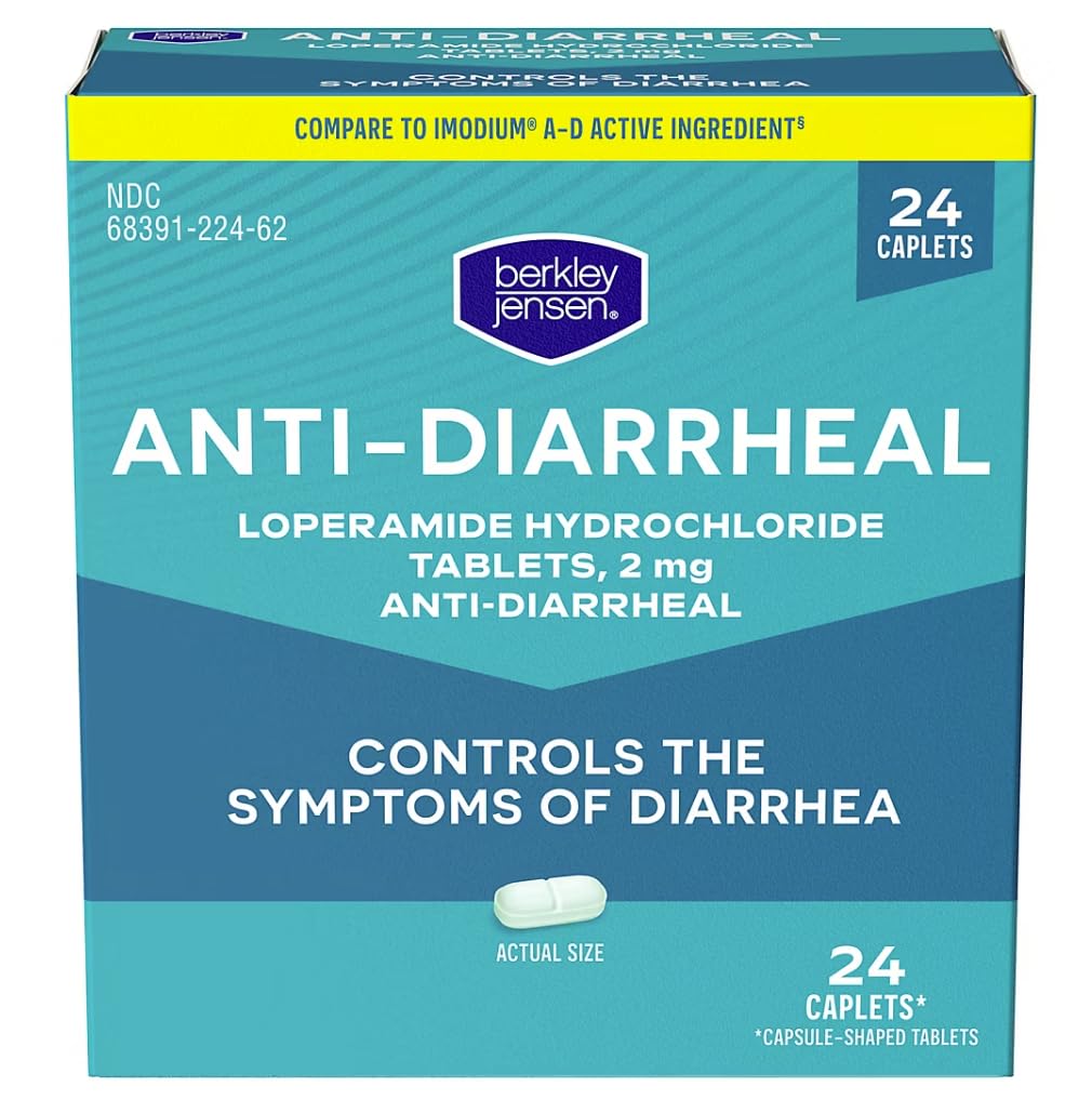 berkley jensen Anti-Diarrheal Medicine - Loperamide cloridrato 2 mg Diarrhea Relief Caplets - Control Symptoms of Diarrhea Compreso Diarrea dei viaggiatori, Easy-to-Swallow Anti-Diarrhea Pills, 24 Ct