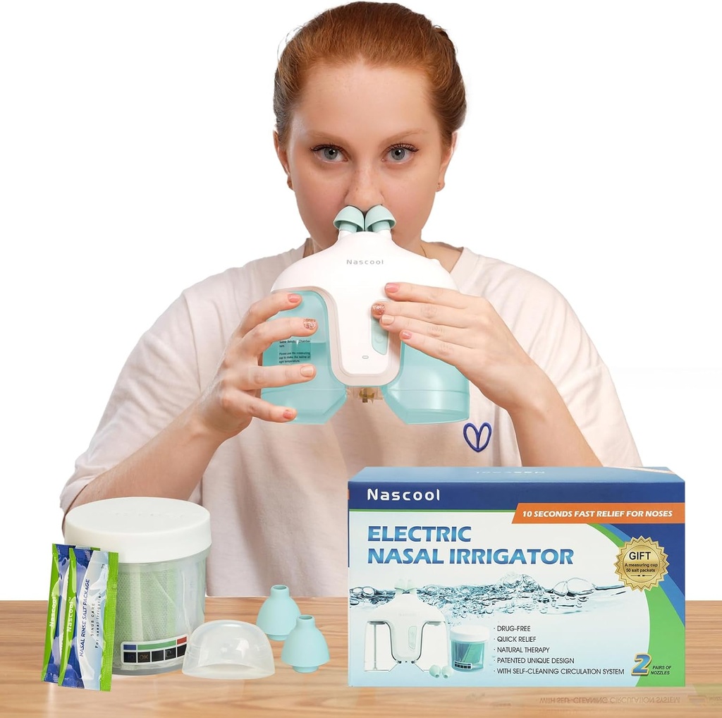 Sistema di irrigazione nasale elettrico, detergente nasale per naso adulto, rondella per naso, sistema di risciacquo nasale con 50 confezioni Saline (verde)