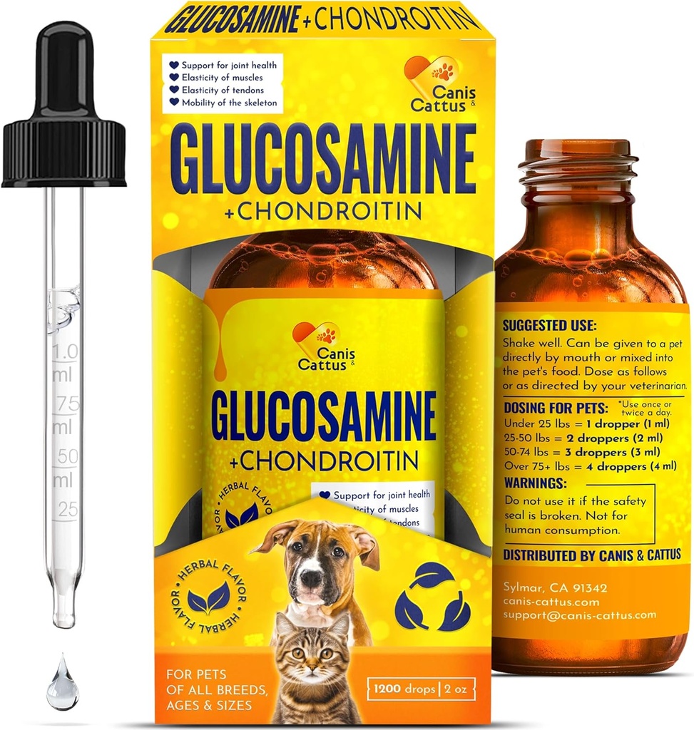 Glucosamina per Gatti | Liquido Congiunto per Cani Integratore Congiunto Gatto | Glucosamina per Cani Liquido | Sapore Erboso | 2 Oz