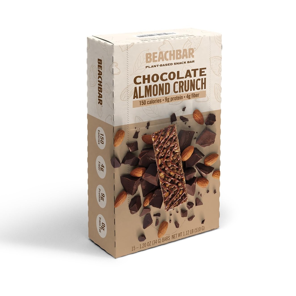 BODi BEACHBAR Crunch di mandorle di cioccolato piantato – Protein Rich Vegan Snack Bar, Gluten-Free, Basso indice glicemico, 10g Protein, 150 Calorie, 15 Barre per scatola