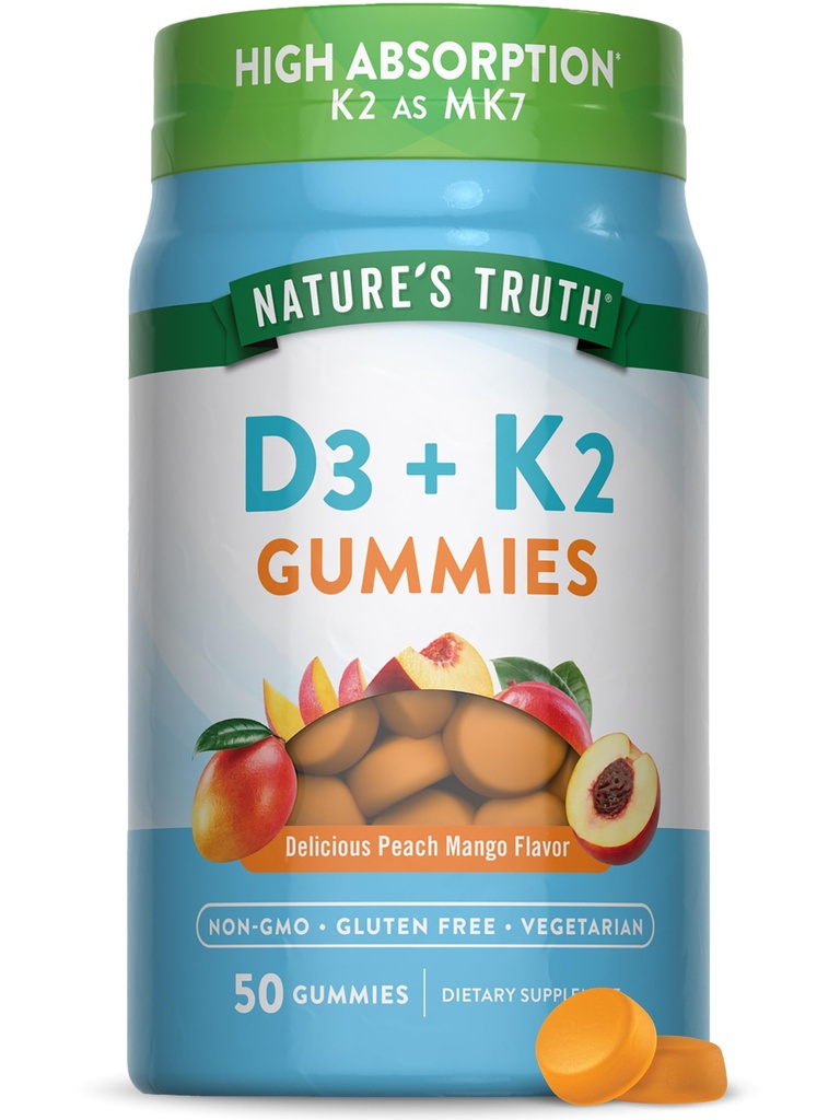 Vitamina D3 + K2 Gummies | 50 Count | Peach Mango Flavor | Vegetariano, Non OGM & Gluten