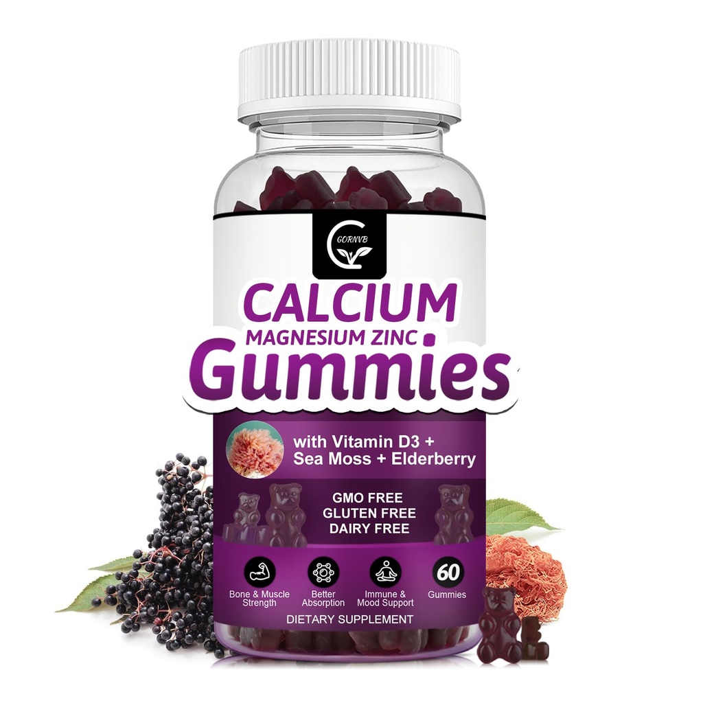 Calcio Magnesio Zinco Gummies con Magnesio ad alto assorbimento, Potassio, D3 - per Bone, Muscoli, Immune & Sleep Support, Vegan