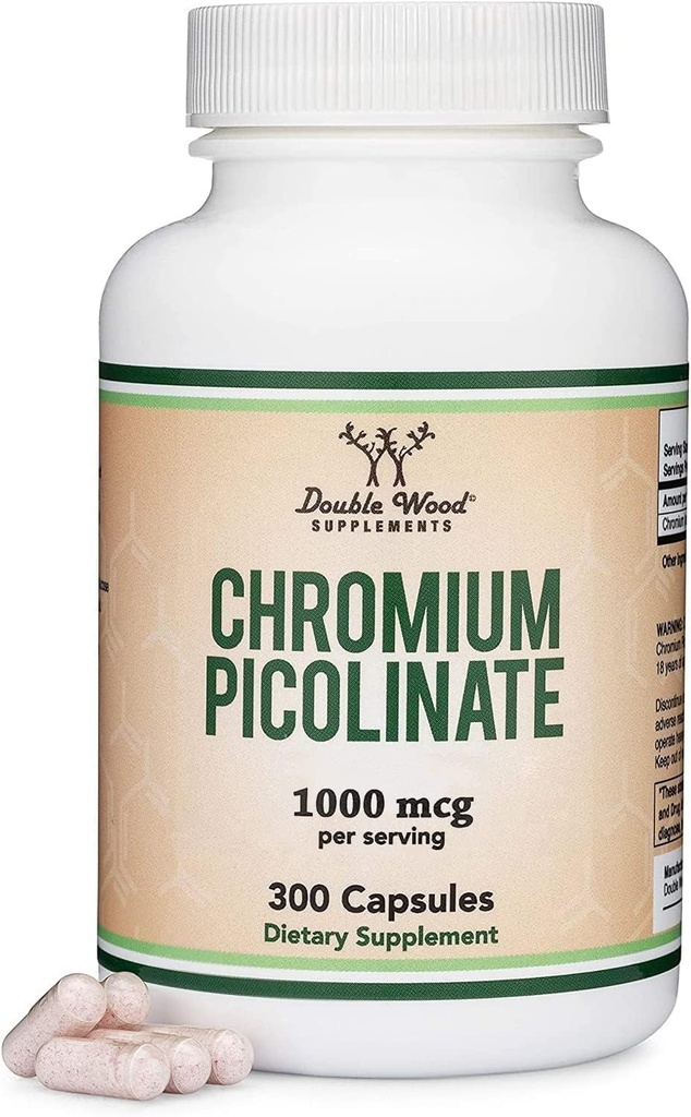 Cromo picolinato 1000mcg per la gestione del peso sano (assorbimento elevato e biodisponibilità) (300 Vegan Safe Capsules, Non-OGM, Gluten Free) da doppio legno supplementi