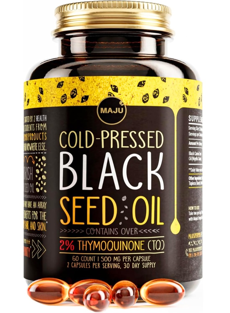 Maju Superfoods Black Seed Oil Capsule - Pressato a freddo, 2% Thymoquinone, 100% Turco Cumin Nero Nigella Sativa Seed Oil, Liquido Pure Blackseed 60 Count, 500mg per Capsule
