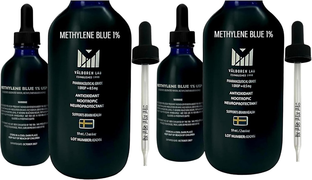 Methylene blu Pharmaceutical Grade Bundle - 2 oz & 4 oz Bottiglie - USP Grade - Made in USA - Testato di terze parti, Formaldeide & Alcohol-Free - Brain Health Supplement - Methylene 1% gocce per gli esseri umani