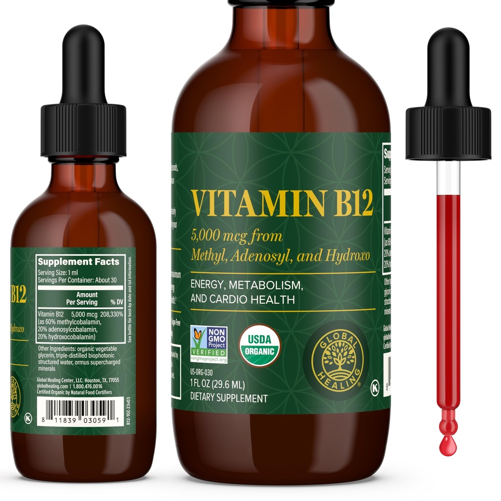 Global Healing Center - Vitamina B12 Sublingual 5000 MCG Organic Liquid Supplement, Methylcobalamin, Adenosylcobalamin, Hydroxo Long-Lasting Energy and Healthy Metabolism - Vegan B12 Vitamins (1 Oz)