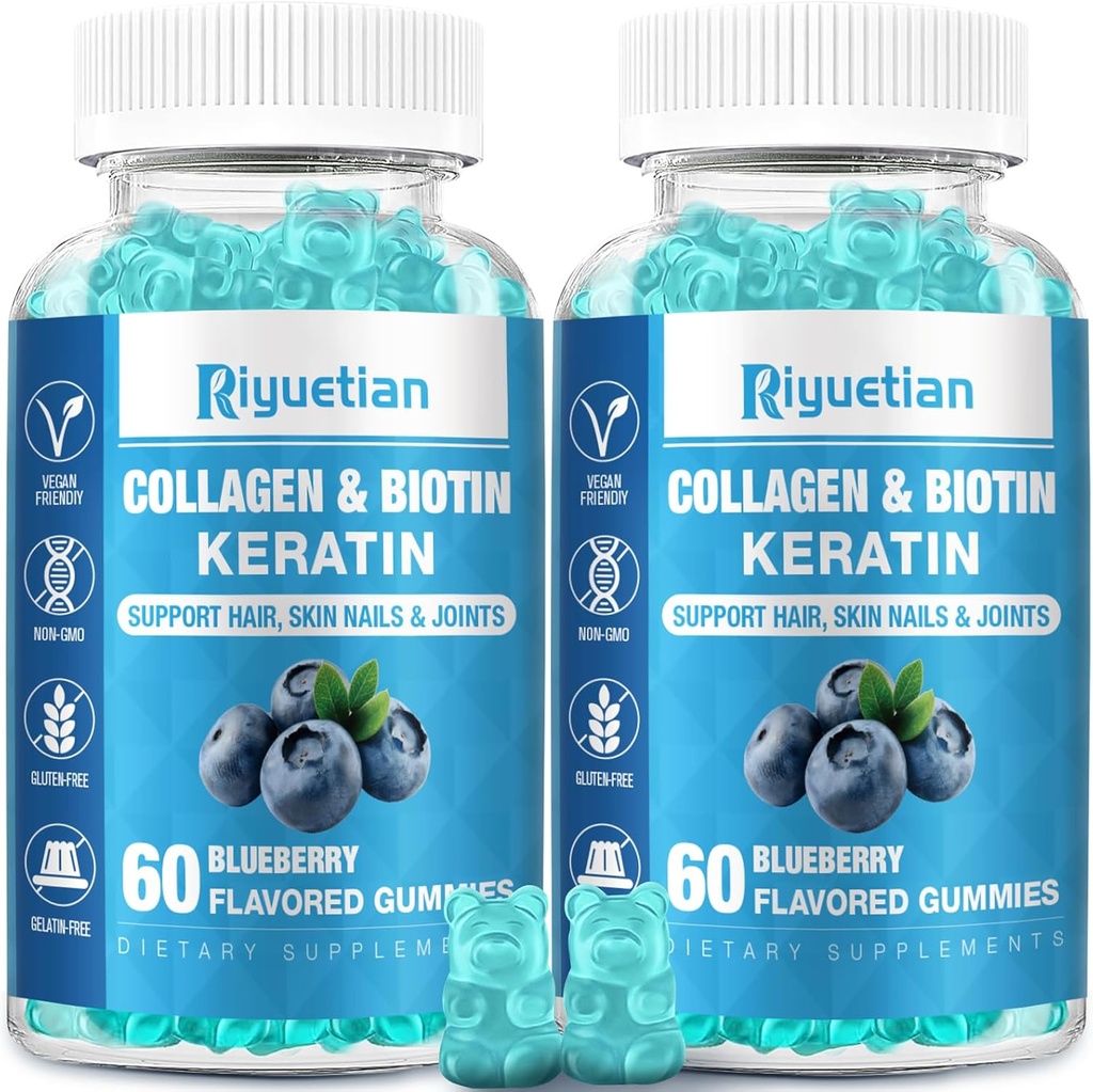 Biotina Gummies 15000mcg con Collagene per Adulti Donne & Uomini - Capelli, Pelle & Nails Gummies con Biotina - Collagene per Donna - Vegan, Non OGM, Vitamine Capelli - 120 Conte, 2 Confezione