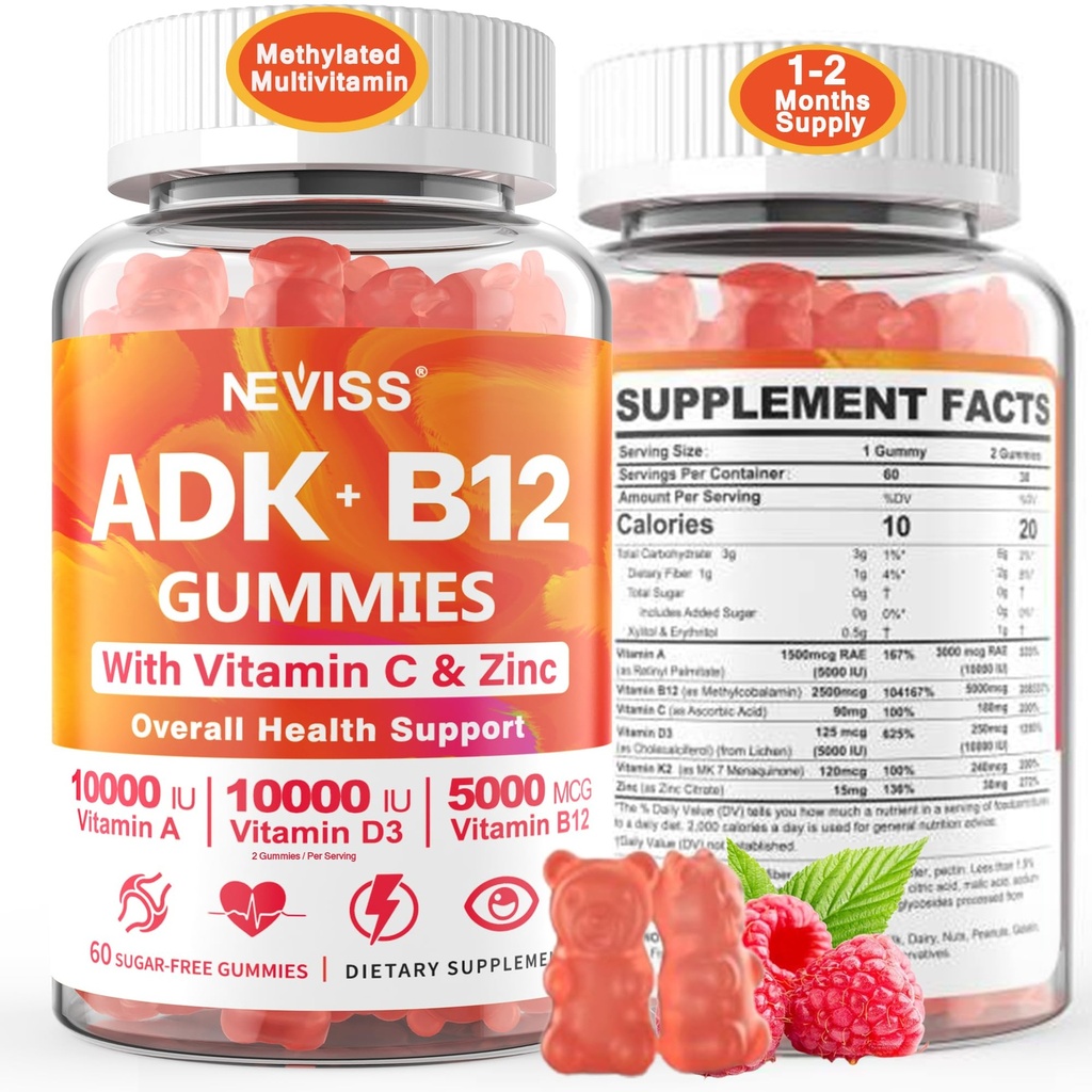 Uomini multivitaminici metilati, vitamina D3 K2 5000IU / 10.000IU, B12 5000 mcg 2500mcg, K2 (MK-7) 240mcg- ADK+Methyl Vitamin B12, Vegan D3,Vitamina A,C,Zinc Eye,Bone,Energia,Immune, Gummie senza zucchero