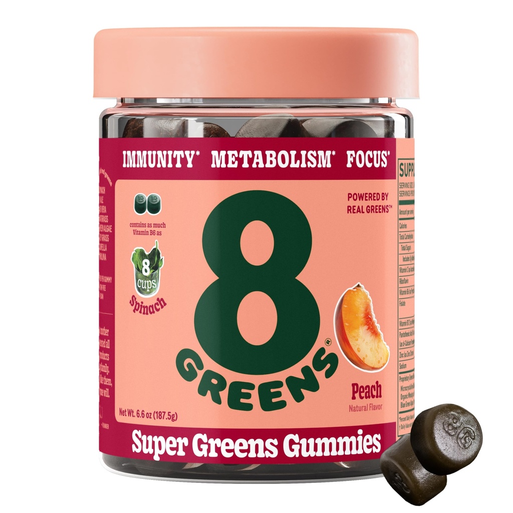 8Greens Supergreens Gummies | Super Greens Polvere Superfood Gummy per Metabolismo, Immunity & Focus, Digestive Health Enzymes, Organic: Chlorella, Spirulina, Aloe Vera, Peach Flavor, 50 Count