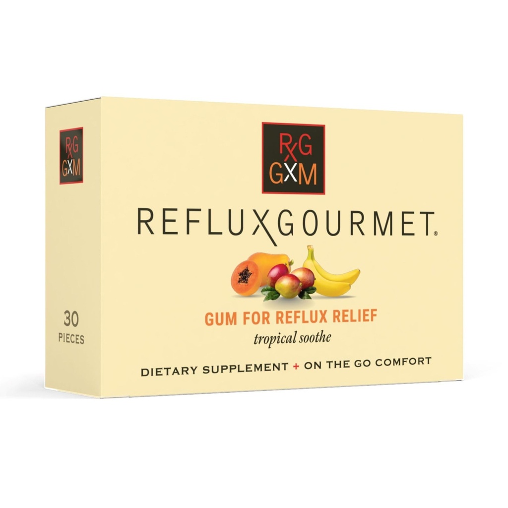 Reflux Gourmet Tropical Soothe Gum Alginate Terapia Sodio Bicarbonato Gum per Acid Reflux, Oral, Cognitivo e Supporto Digestivo, Naturale con Ginger, Celeriac, Aloe, Sugar Free, Gluten Free, Vegan