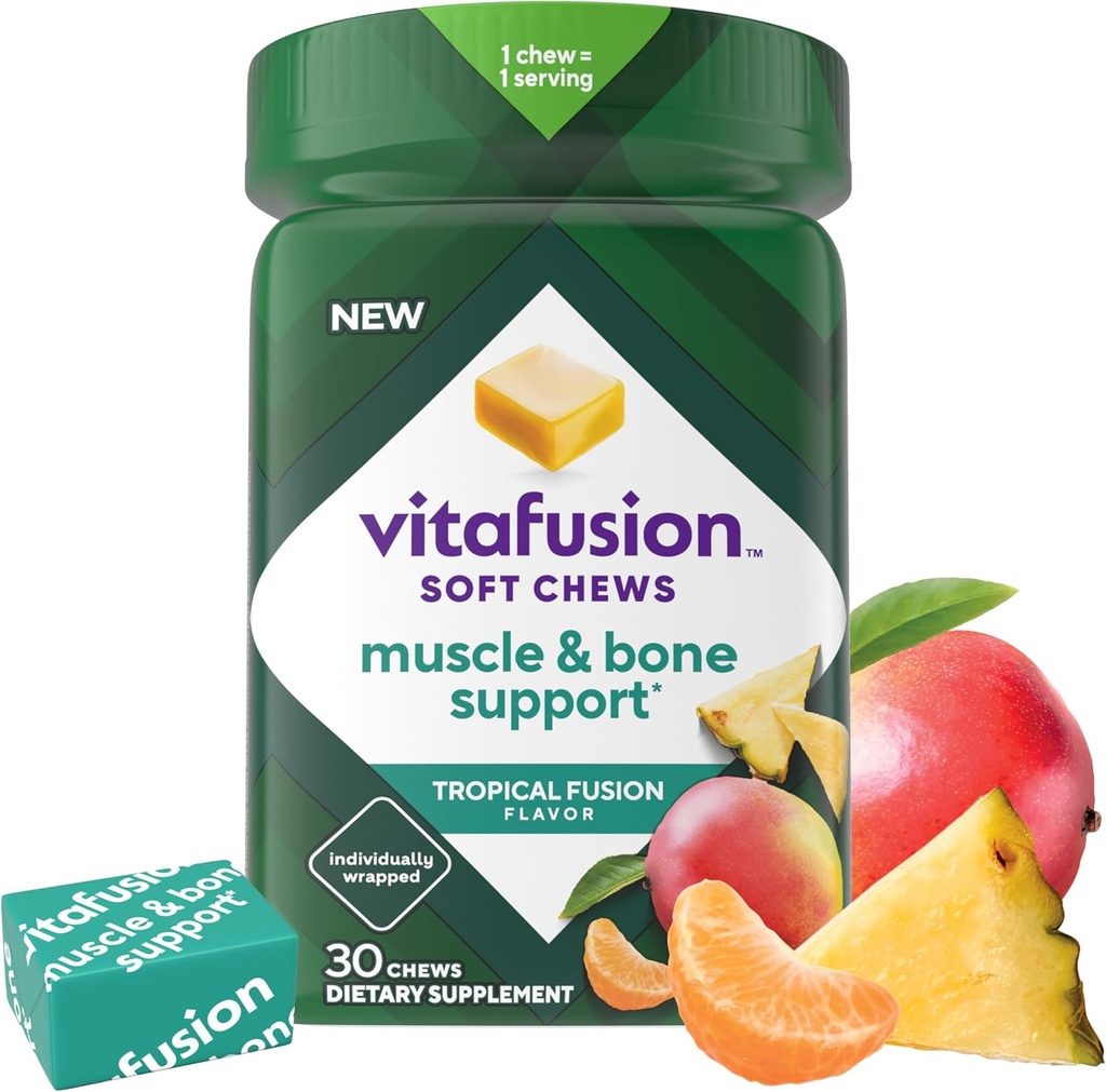 Vitafusion Soft Chews Muscle & Bone Support (1), Adult Chewable Vitamin D per Bone & Muscle Support, Individualmente Wrapped, Tropical Fusion Flavor, 30 Chews, 30 Day Supply