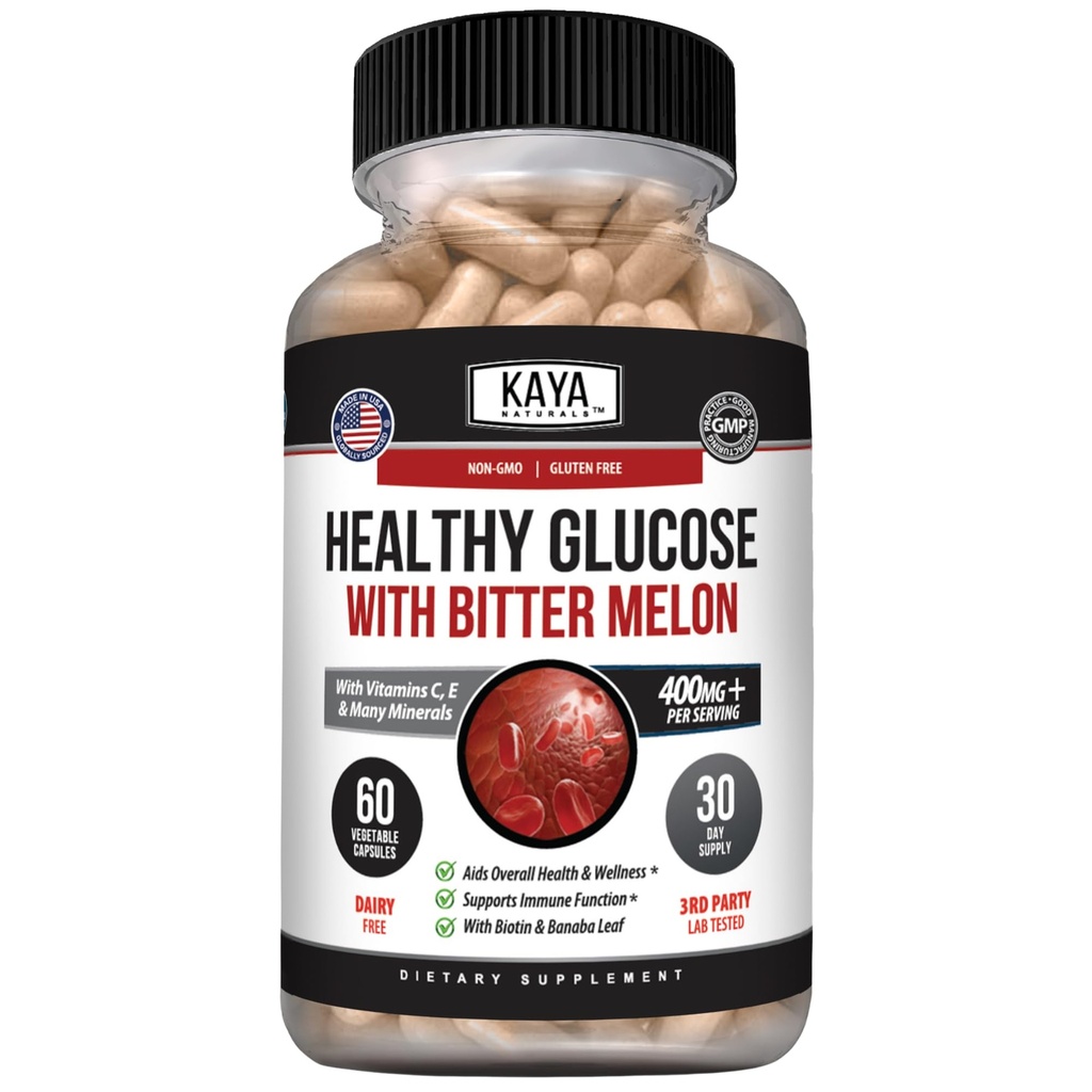 Kaya Naturals Gluco sano con Bittermelon Supplemento | Support Livelli e funzione sani, 20 erbe vitamine e minerali, Alpha Lipoic Acide, Cinnamon, Vitamina C & E, Non OGM (60 Conte)