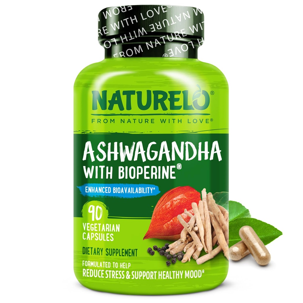 NATURELO Ashwagandha Polvere di radice organica - Supplemento di erbe naturali per la fatica, sollievo dallo stress, mood Enhancer - con estratto di pepe nero - 90 capsule vegane