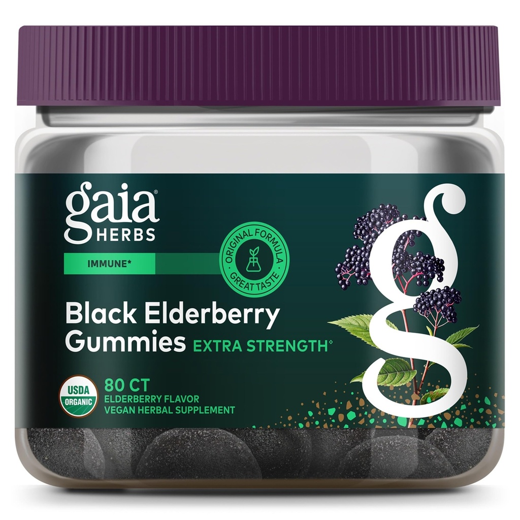 Gaia Herbs Black Elderberry (Sambucus Nigra) Extra Strength Gummies - Delicious Immune Support Supplement - Realizzato con Organic Black Elderberries for Immune System Support - 80 Gummies
