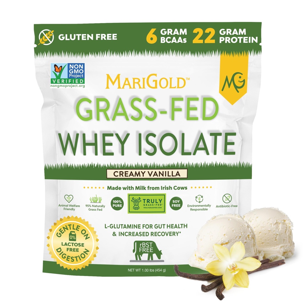 Polvere isolata di proteine del siero di erba di MariGold - Crema Vanilla Flavor - 1 Lb Bag | 100% puro, freddo-processo, micro-filtrato, non denaturato, non OGM, rBGH Free, Soy Free, senza glutine, senza lattosio
