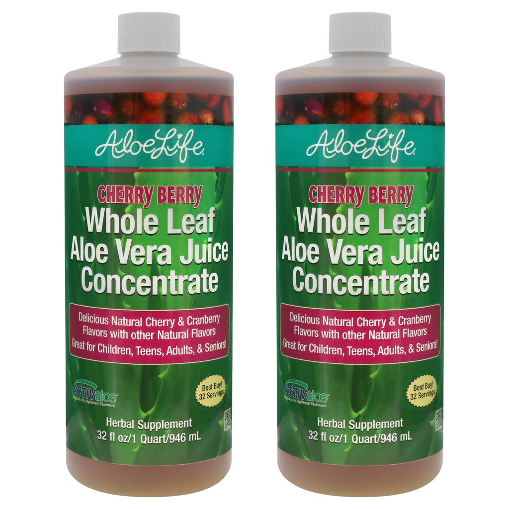 Aloe Life - Succo integrale Aloe Vera, Organico, Senza Glutine (Borsa di Ciliegio, 32 oz) | 2-Pack