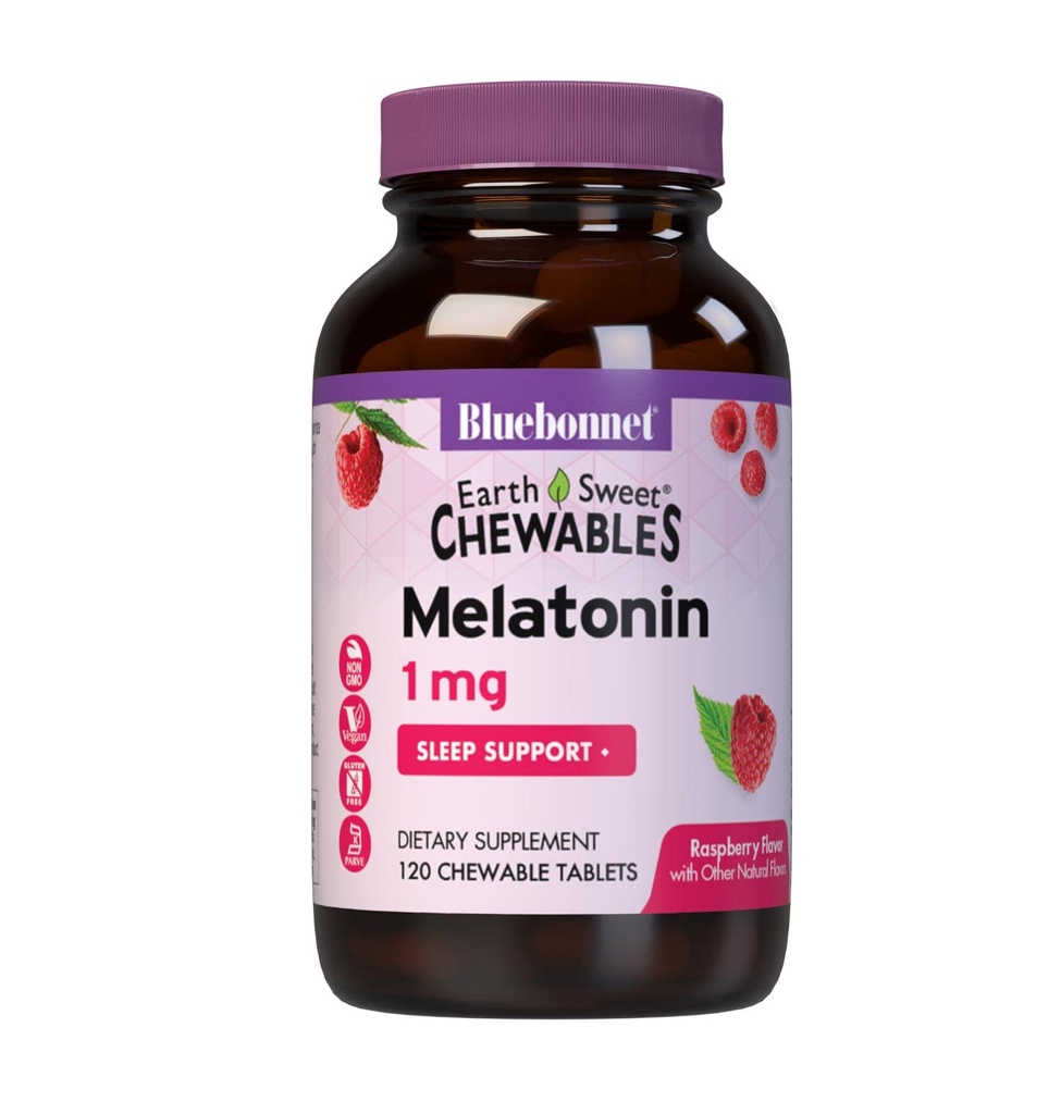 Bluebonnet Nutrition EarthSweet Melatonin 1 mg Dissolvere rapidamente durante la notte Relax & Restful Sleep Support - Sleep Aid - Gluten-Free, Vegan - Raspberry Flavor - 120 compresse masticabili