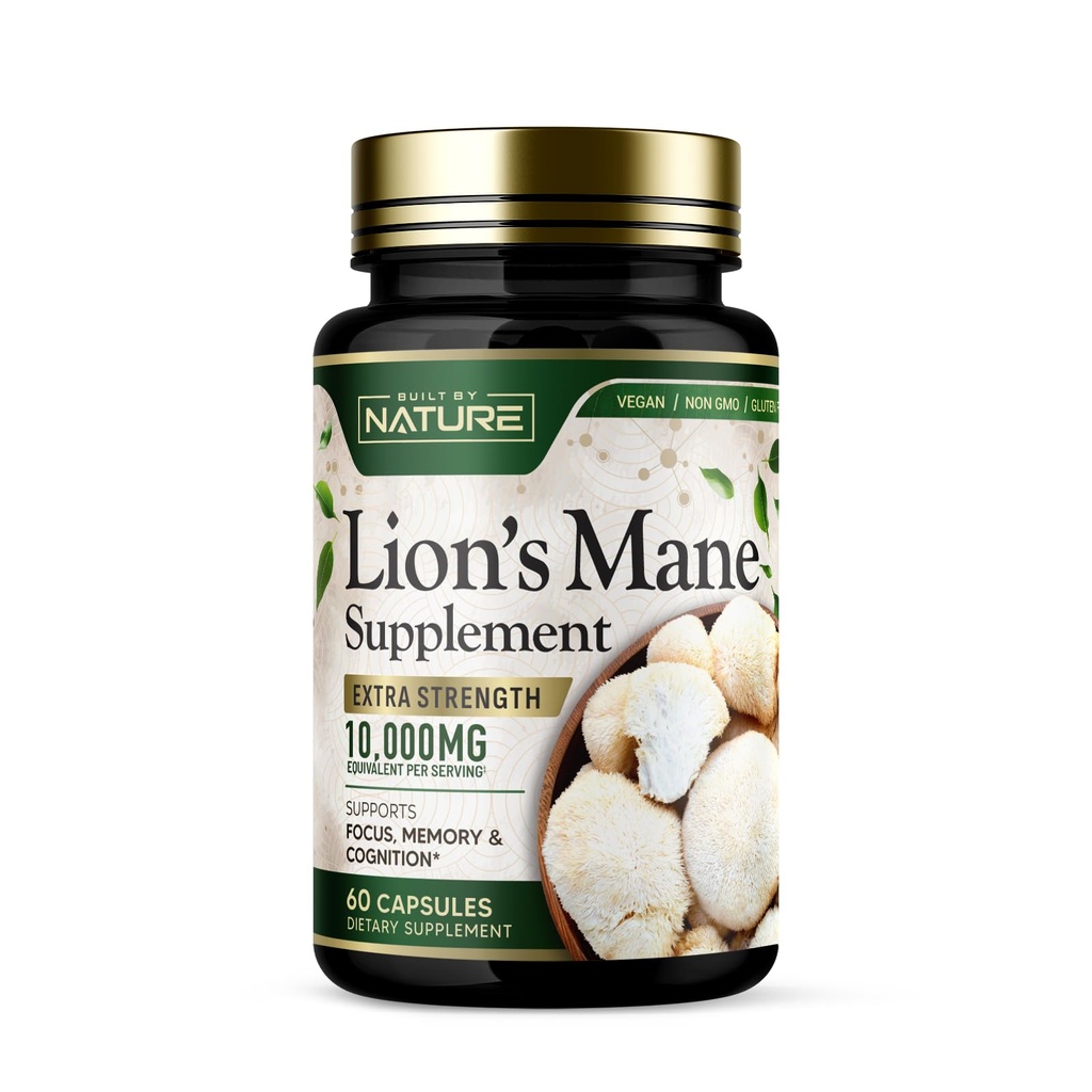 Costruito da Nature Lion’s Mane 10.000mg – Supplemento per funghi ad alta resistenza per il supporto del cervello Nootropic – Focus, Memoria e Funzione cognitiva – Non OGM, Senza glutine, Vegan - 60 capsule