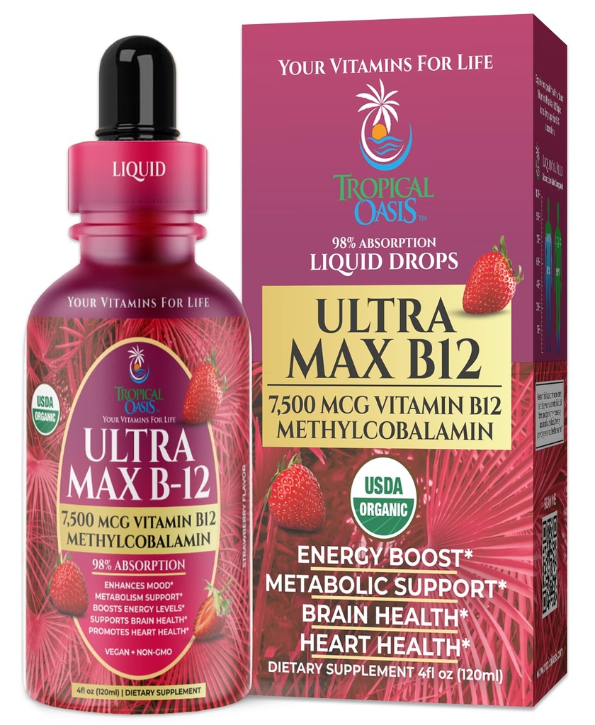 USDA Organic Ultra Max B12 | Superdose 7500mcg Vitamina B12 Gocce liquide | B12 come Methylcobalamin| Tasso di assorbimento massimo 98% | Promuove Energy| Vegan, Non OGM, Sapore di fragola -4oz