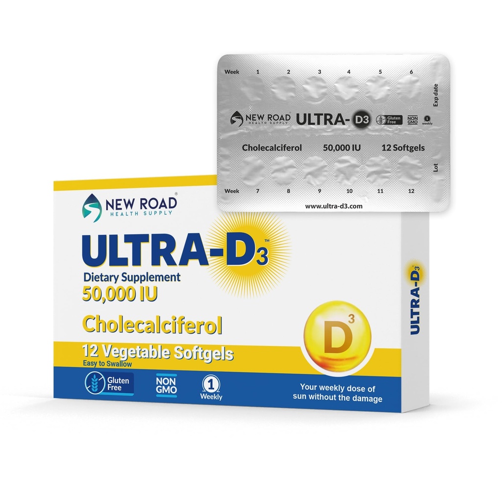 New Road Health Supply, Alta Potenza Vitamina D3 50.000 UI, Una volta-Weekly Softgel, Supporta Bone, Teeth & Immune Health, Easy-to-Swallow, Senza glutine, 12 conte