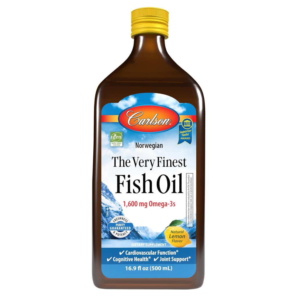 Carlson - The Very Finest Fish Oil, 1600 mg Omega-3s, Liquid Supplement, Norvegese, Wild-Caught, Sustainable Sourced , Lemon, 16.9 Fl Oz