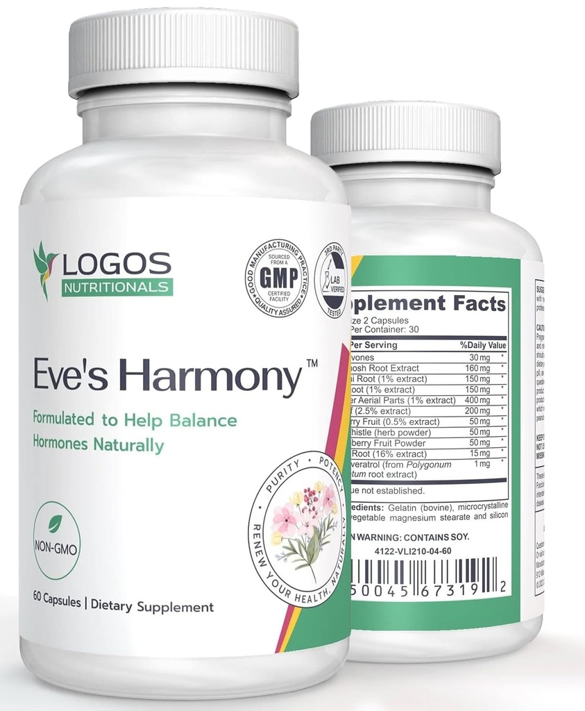Supplemento Harmony Menopause di Eva, supporto dell'ormone per le donne con isoflavoni di soia, nero Cohosh & lampone rosso, PMS naturali non OGM & supporto del sintomo menopausa, 60 capsule
