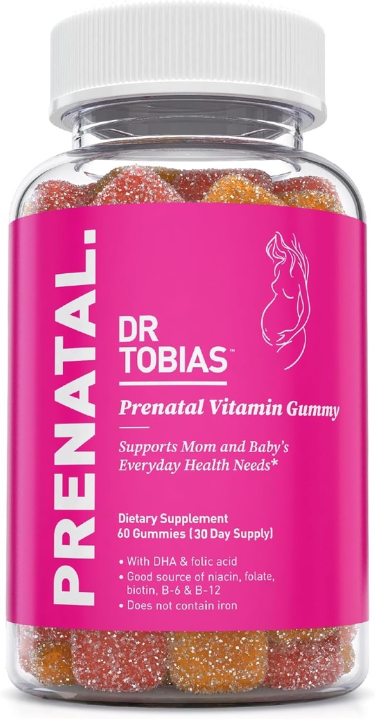 Dr. Tobias Prenatal Vitamin Gummy, Iron Free Prenatal Vitamins with DHA and Folic Acid, Niacin, Biotin, B6, & B12, Include Fish Oil, per il supporto pre & postnatale, 60 Gummies, 30 Servings