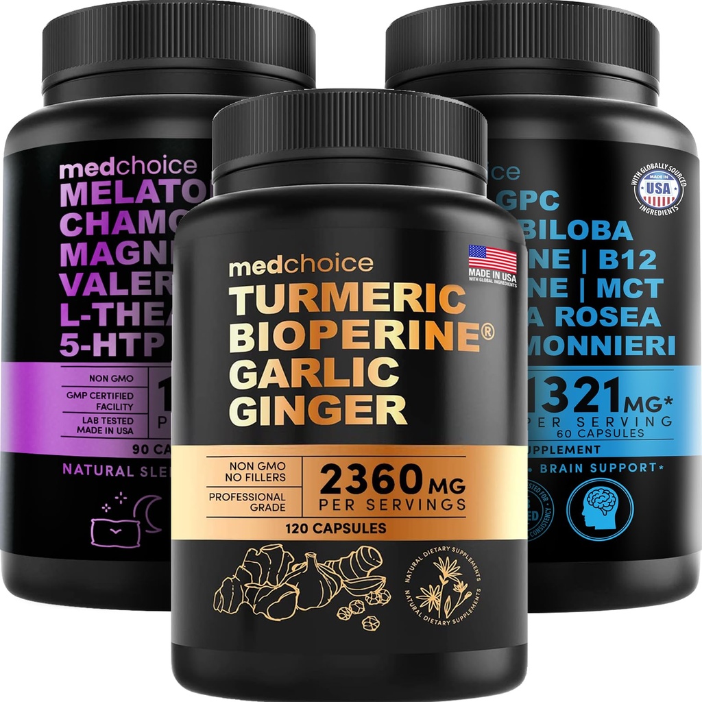 MEDCHOICE Turmeric & Ginger (120ct), Melatonina Dormire (90ct) e Cervello Nootropic (60ct) Supplemento Bundle - Trio Benessere per Cervello, Sonno, & Supporto Immune - Vegan, Non OGM, Senza Gluten