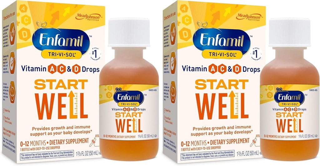 Enfamil Prenatals & Baby Vitamins Tri-Vi-Sol Vitamina A, C & D Multi-Vitamin Gocce per neonati, Supporti Crescita & Salute Immune, Bottiglia Dropper 50 mL,1.69 Fl Oz (Pack of 2),MJ-030