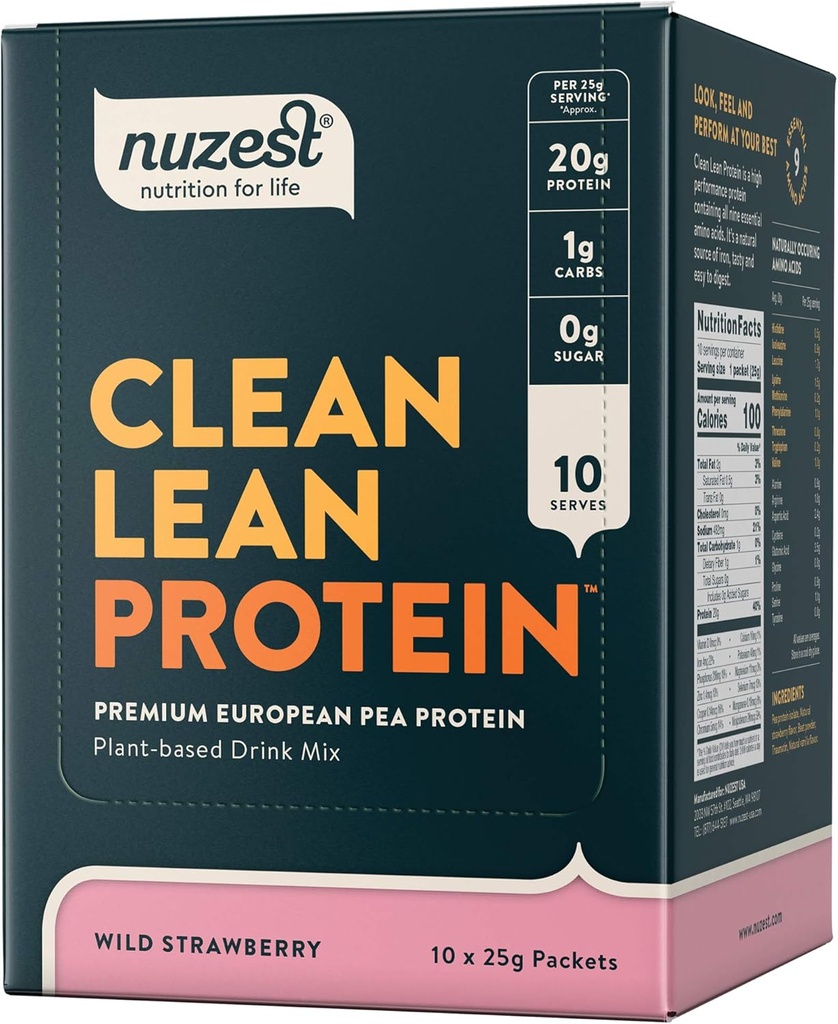 Nuzest - Pea Protein Powder - Clean Lean Protein, Premium Vegan Plant Based Protein Powder, Dairy Free, Gluten Free, OGM Free, Protein Shake, Wild Strawberry, 0,9 oz, (Pack of 10)