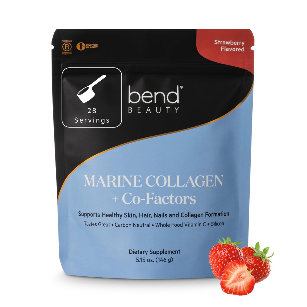 Bend Beauty Marine Collagen + Co-Factors | Polvere di collagene aromatizzata alla fragola | Integratore di collagene idrolizzato | Peptidi di collagene di pesce + Silicio + vitamina C | Supporta pelle sana, capelli e unghie