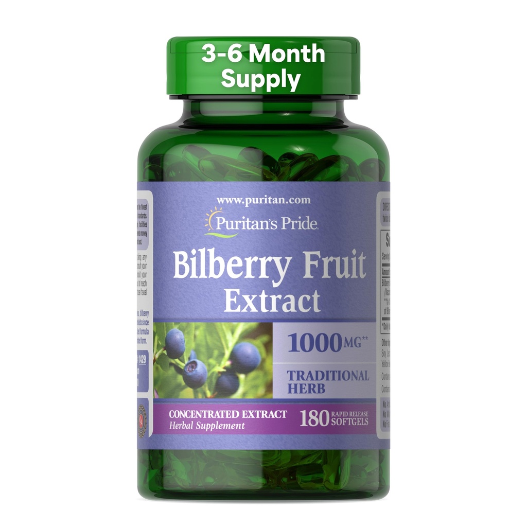 Puritan Pride Premium Bilberry Fruit Extract 250 mg (1000mg Equivalent), 4:1 Integratore di erbe concentrato, Vitamina C, Alimentazione da 3 a 6 mesi, 180 Softgel a rilascio rapido (Vario di maggio di imballaggio)