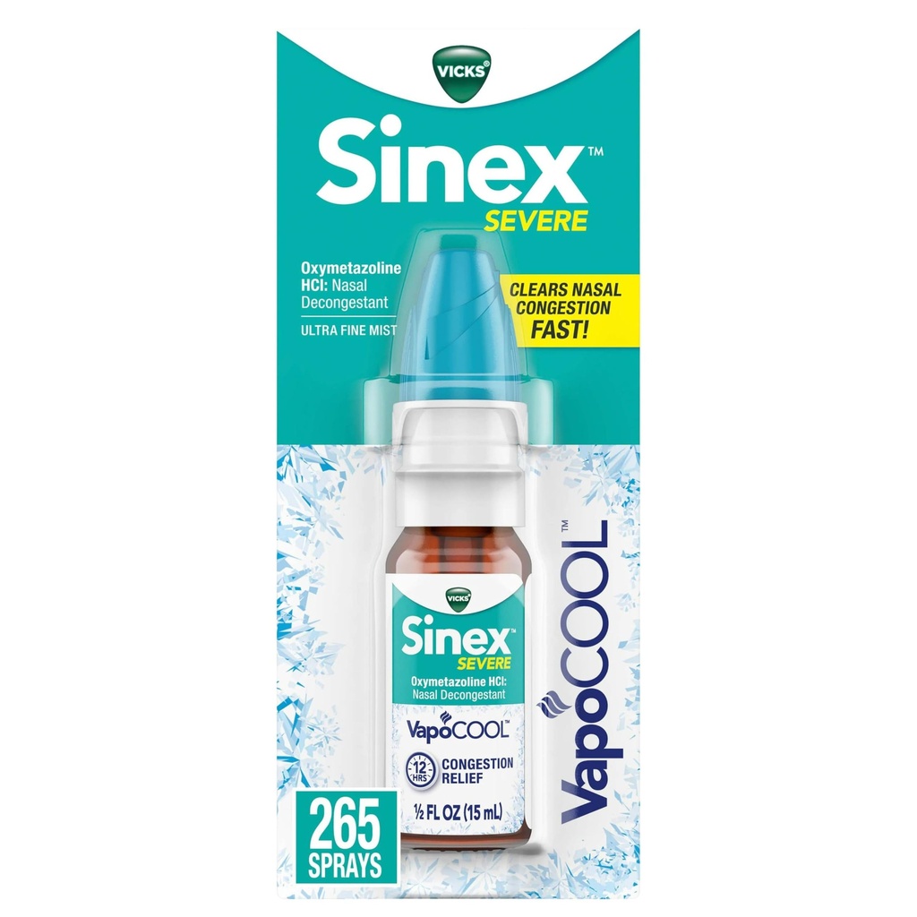 Vicks Sinex SEVERE spray nasale con VapoCOOL, Vapori di vicks lenitivi, Medicina decongestiva, Rilievo dal naso ripieno a causa di freddo o allergia, & Congestione nasale, Rilievo di pressione del seno, 265 Spray