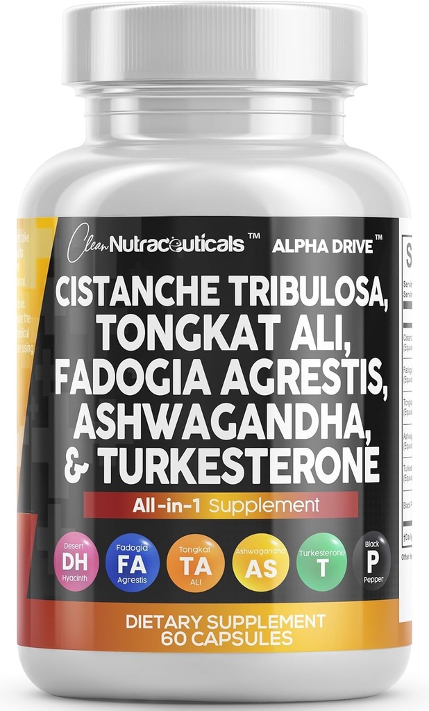 Pulito Nutra Cistanche Tribulosa Fadogia Agrestis Tongkat Ali Turkesterone Pillole Ashwagandha Capsule Supplemento per Uomo - 60 Conte