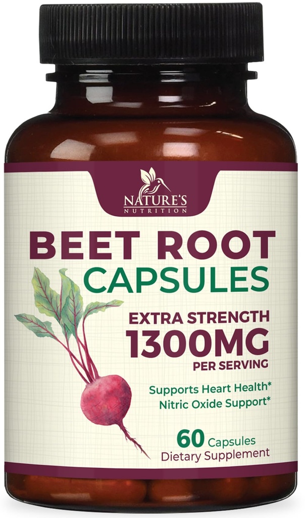 Capsule di barbabietola 1300mg - Supplemento di polvere di barbabietola rosso Extra Forza – Supporta la produzione di ossido nitrico, la salute del cuore & energia naturale – Non OGM, Vegan, Gluten Free – 60 capsule vegetali