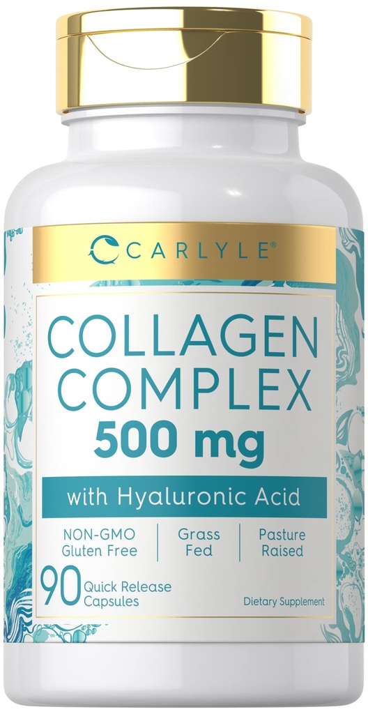 Pillole di collagene di carlile con acido ialuronico 500mg | 90 capsule | Supplemento di collagene idrolizzato | Non-GMO, senza glutine