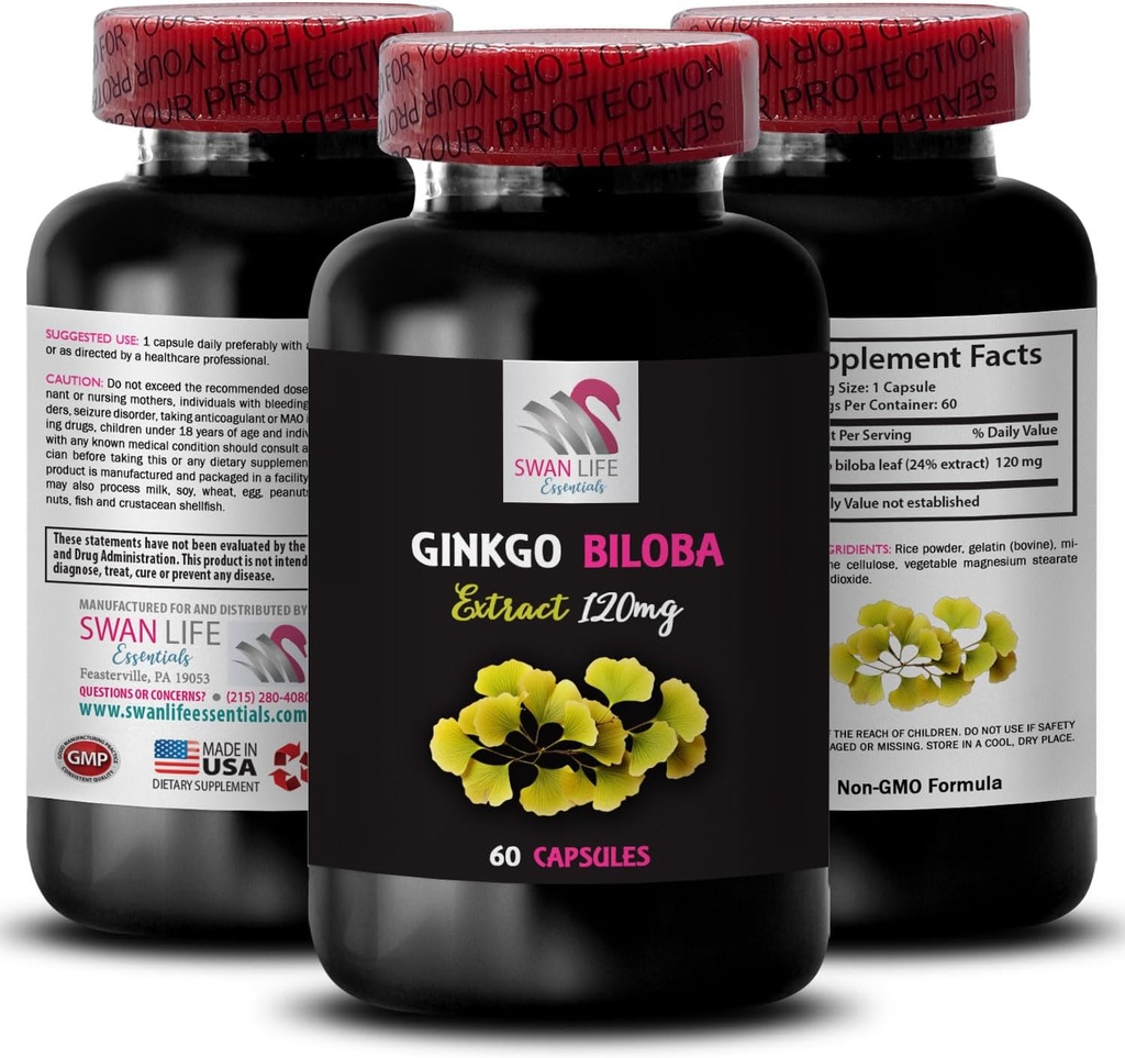 Estratto di erbe in polvere - GINKGO BILOBA EXTRACT - Ginkgo biloba estrae benefici, Estratto di benessere erbe, Estratto di pianta Ginkgo biloba, Integratore ginkgo biloba, Antiossidante botanico 1 Bottiglia 60 Caps