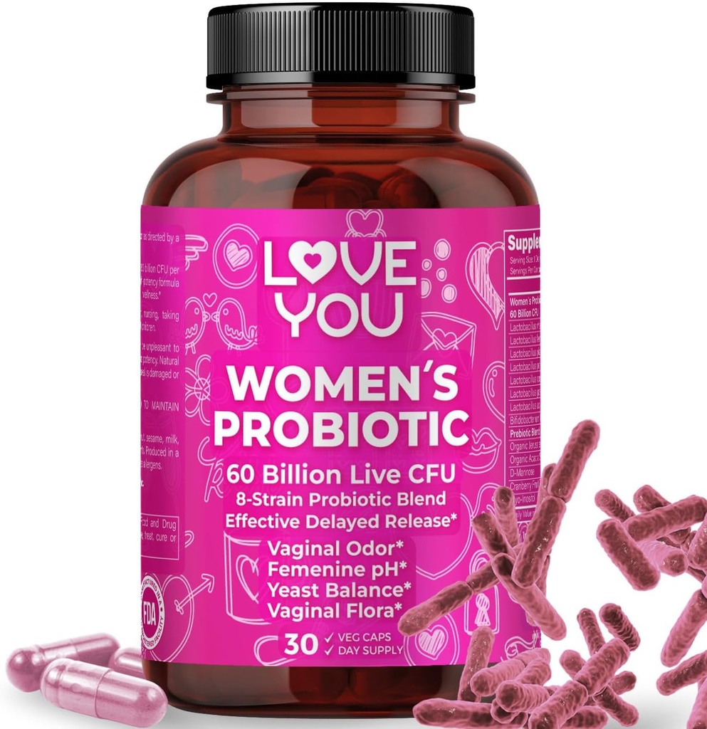 Love You Womens Probiotic, Ph Balance, Ut, Feminine, Vaginal Health Supplement, Digestivo, Pre + Pro + Postbiotico, Rilascio ritardato, 60 miliardi Live CFU, 8-Strain Probiotic Blend, 30 Veg Caps Servings