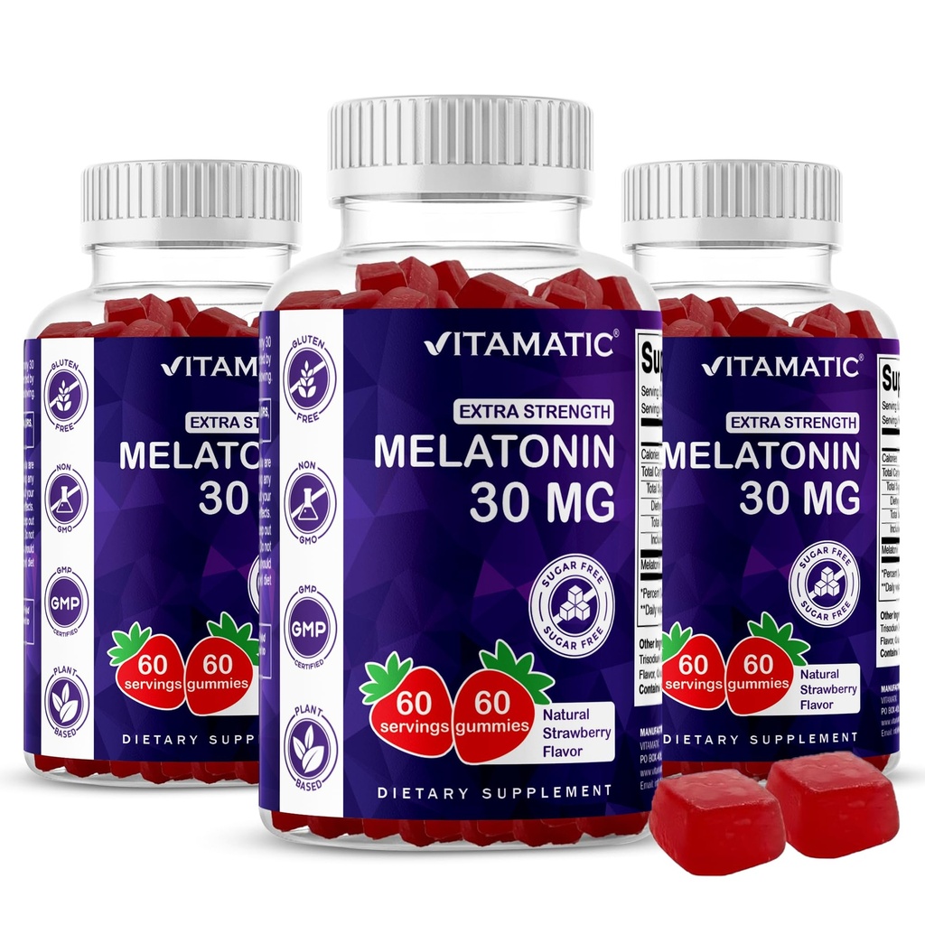 Vitamatic Sugar Free Melatonin 30mg per Gummy - 60 Serve - 60 Gummie Vegetariane - Supplemento non-Habit Forming (60 Conteggio (Pack of 3))