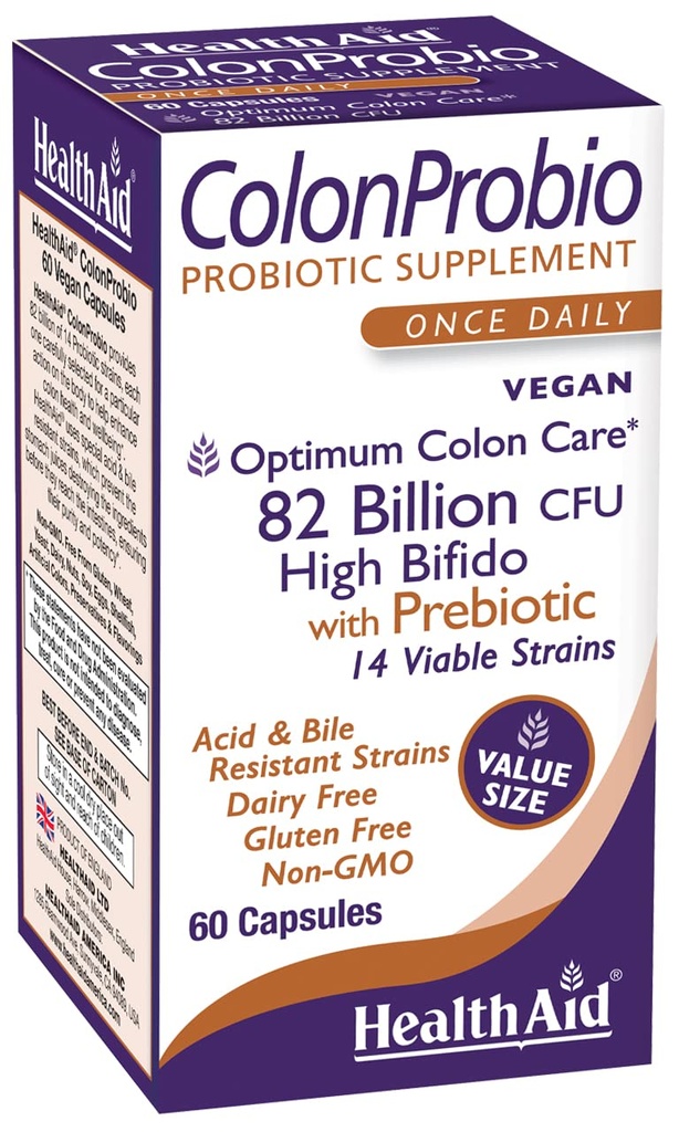 HealthAid ColonProbio 82 Miliardi con Prebiotico, 14 Strains, Una volta Quotidiano, 60ct, Cura ottimale del colon, Acid & Bile Resistant, Latticini Free, Gluten Free, Non-GMO, High Bifido