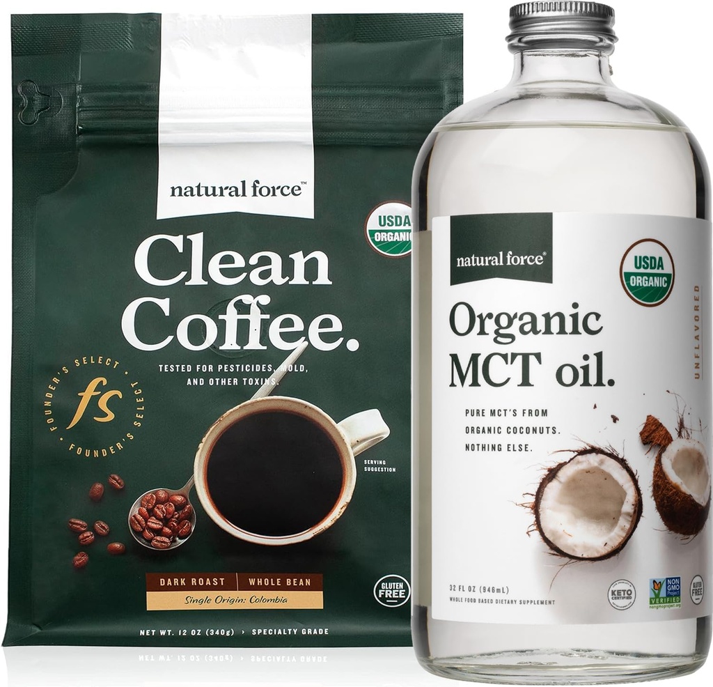 Natural Force Organic Dark Roast Clean Coffee + Organic MCT Oil Bundle – 100% Pure Coconut MCTs & Mold & Mycotoxin Free Coffee – Non-GMO, Keto, Paleo, e Vegan - 12 Oz e 32 Oz