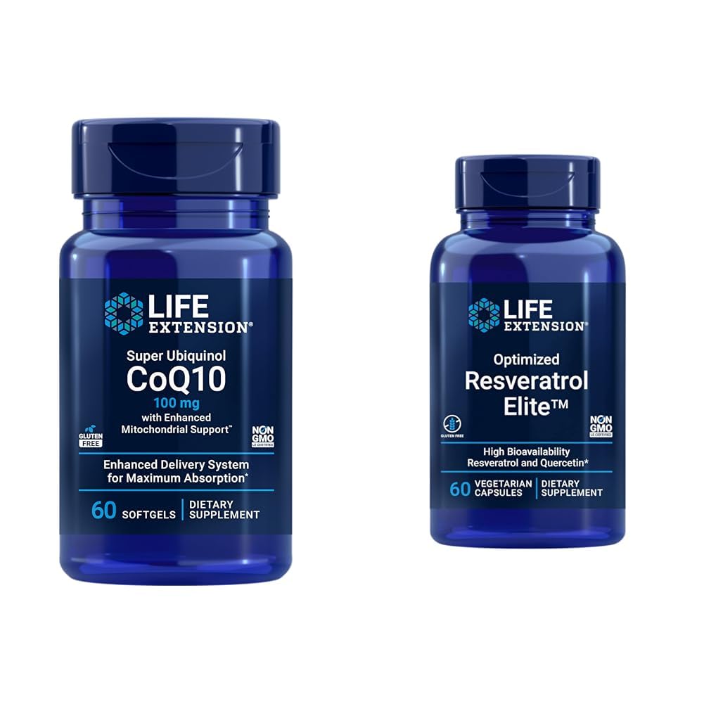 Estensione della vita Super Ubiquinol CoQ10 60 Softgels e Resveratrolo ottimizzato Elite 60 capsule vegetariane Bundle