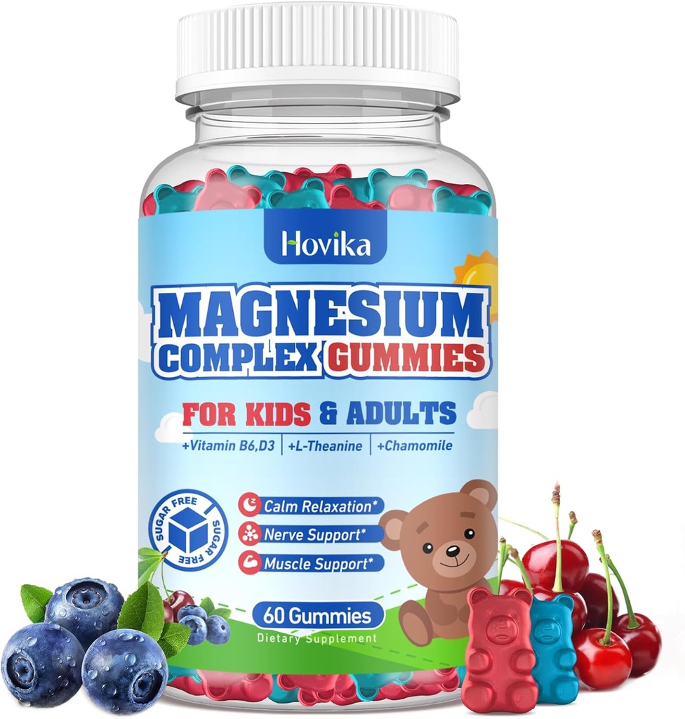 Bambini Magnesio Gummies - Magnesio Glycinate Citrato Supplemento masticabile con vitamina B6, D3, Fiore della passione, L-teanina - Zucchero Magnesio Calma Gratuito per Bambini & Adulti Sonno, Mood, Relax, 60 Chews