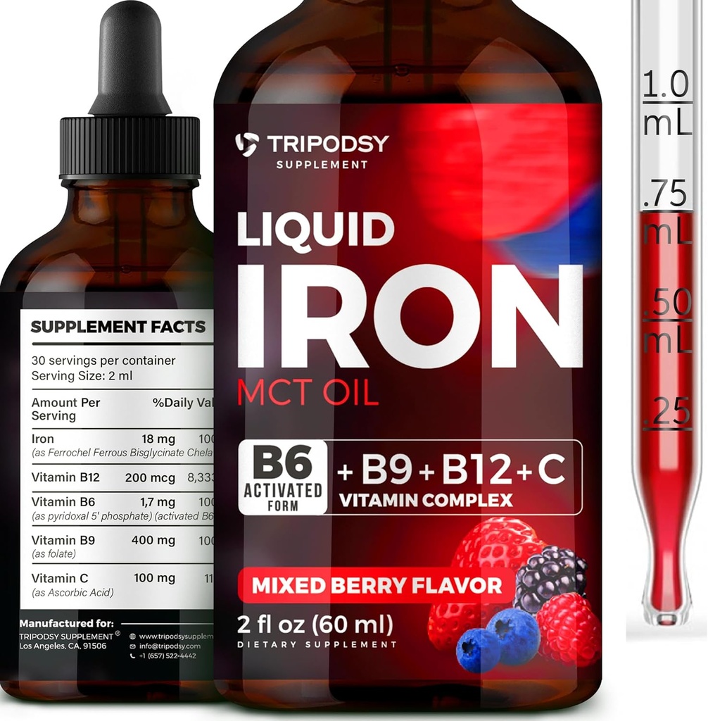 Supplemento di ferro liquido per le donne e gli uomini - Gocce di ferro con B6, B9, B12, vitamina C per l'anemia, Costruttore di sangue, Folate per globuli rossi e supporto immunitario MCT olio (2 Fl Oz, bacche miste)