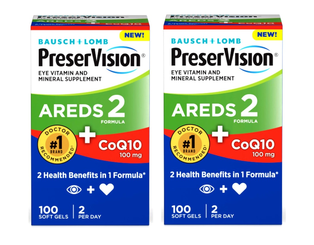 PreserVision Eye Vitamin & Mineral Supplement AREDS 2 Formula + CoQ10, 2-in-1 Salute benefici, 100 Softgels (2 al giorno) Confezione di 2