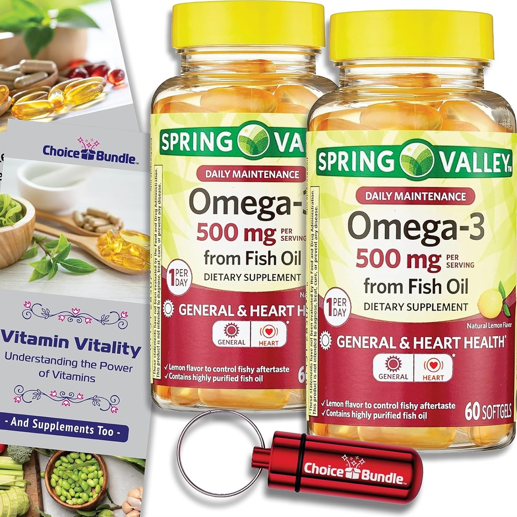 Scelta Bundle Spring Valley Fish Oil Omega 3 Fatty Acid Supplemento Limoni Softgels 500 mg 60 Ct 2 pk (120 Totale) + Vitamina Guida e Pill Container (4 articoli)!
