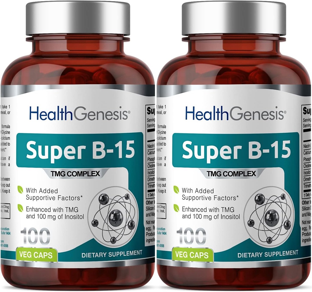 Super B-15 100 Vcaps 2 Pack - Niacin Calcium Choline Inositol DMG TMG - Supporta livelli di energia ossigeno sano