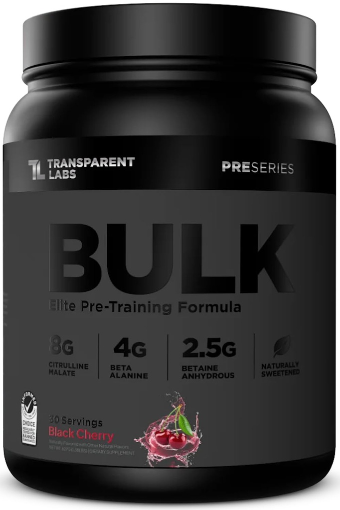 Labs trasparenti Bulk Black Pre Workout - Clinicamente Dosed, Sugar Free Preworkout per gli uomini e le donne con Beta Alanine Powder, Citrulline Malate, & Caffeine - 30 Serve, Ciliegia Nera