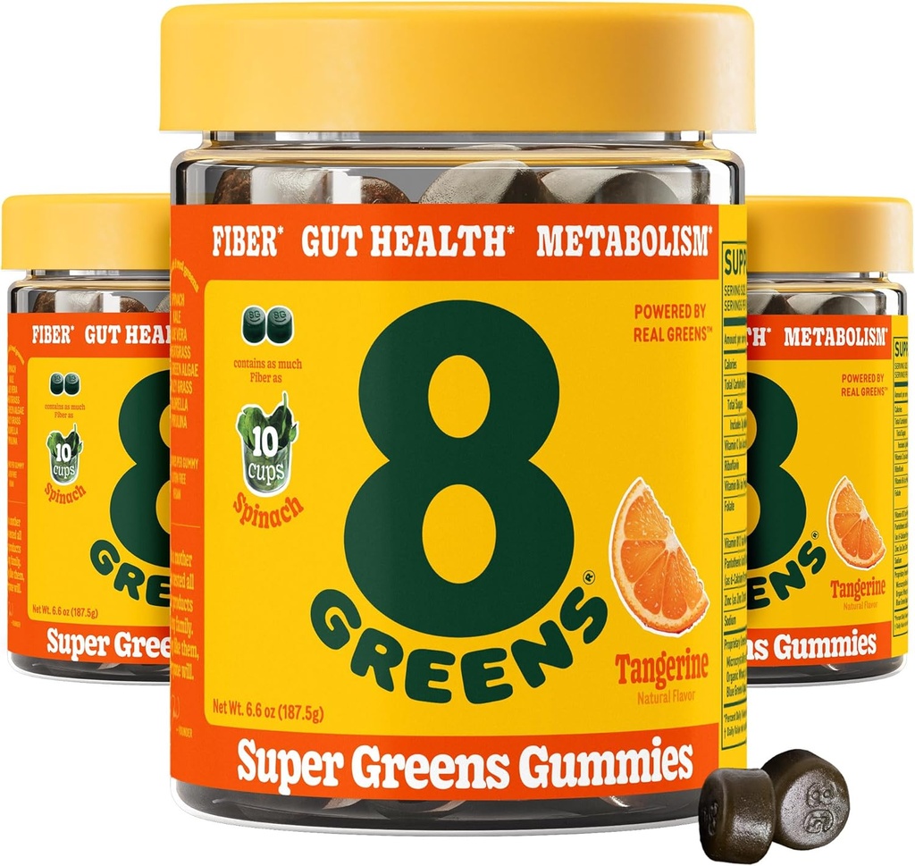 8Greens Daily Fiber Super Greens Gummies - Tangerine Flavor: Boost Immune System & Digestive Health with 8 Real Greens - Non-GMO Formula, Chewables, 50 Gummies, Confezione da 3